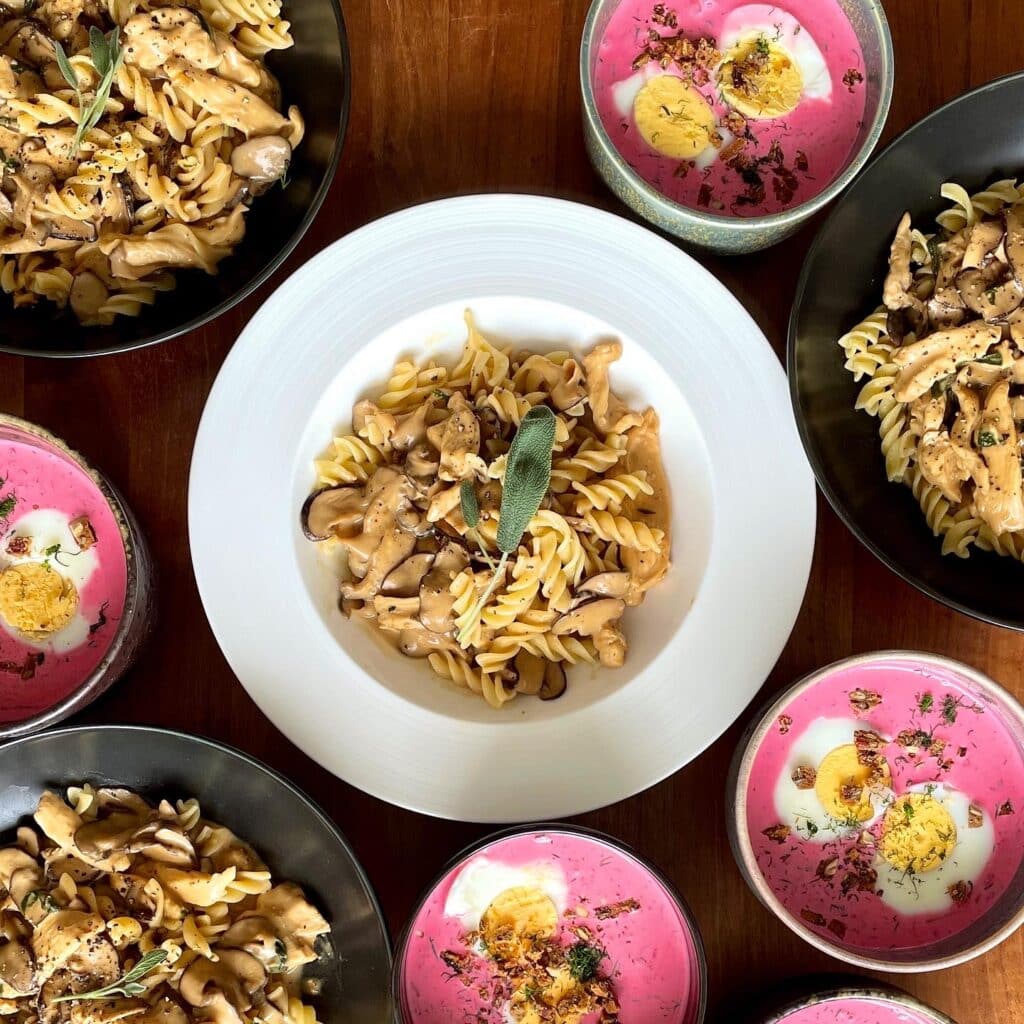 Cream Sage Mushroom & Chicken Pasta with Borscht Soup