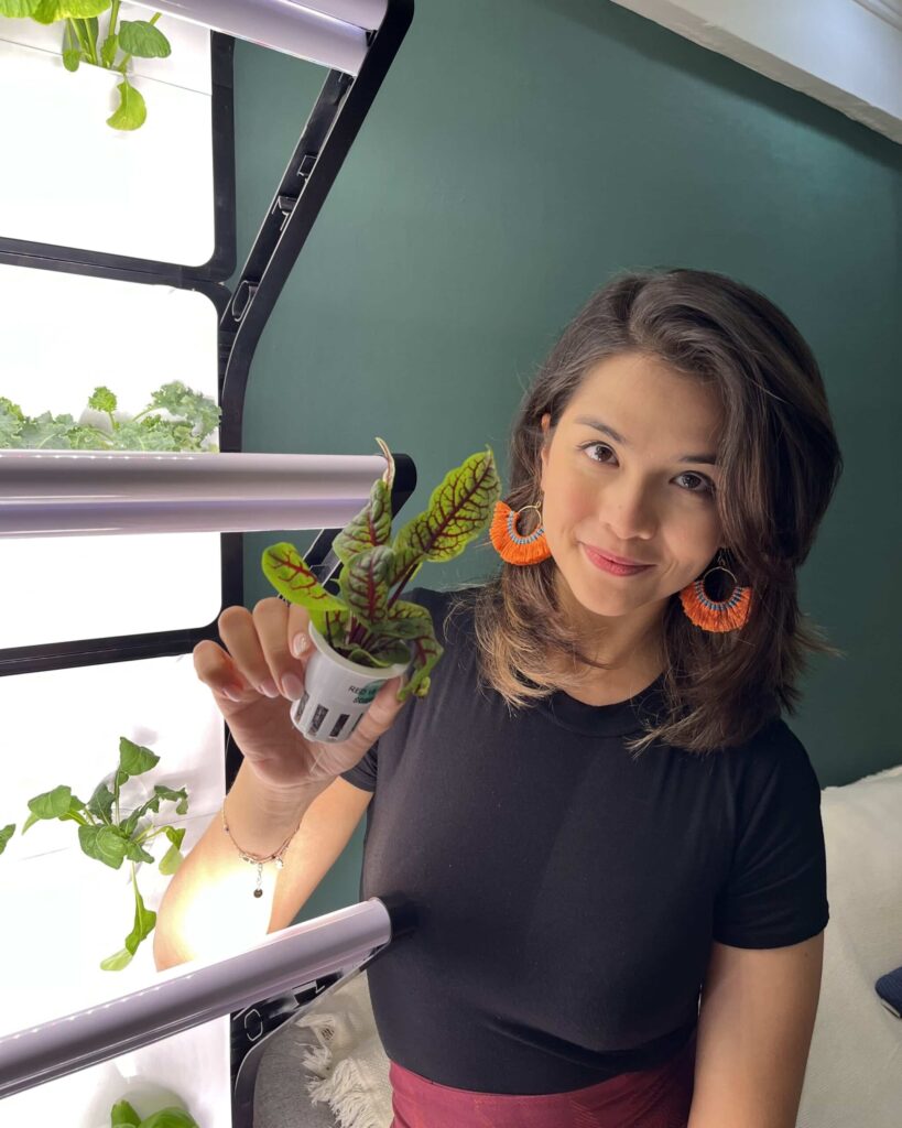 Charlotte Mei holds a seedling germinated at grobrix and designed to be grown at home with their for home grow kits