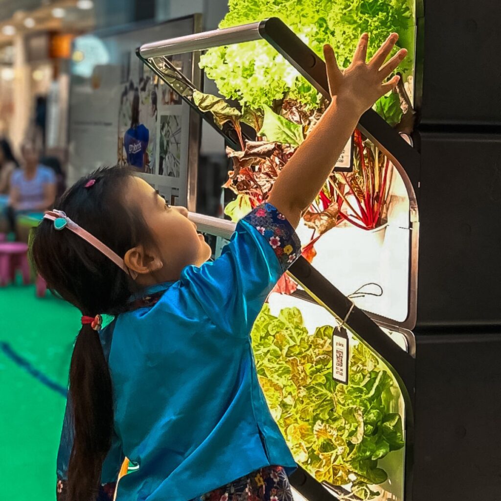 Girl engaging with vertical garden at a Grobrix little farmers workshop
