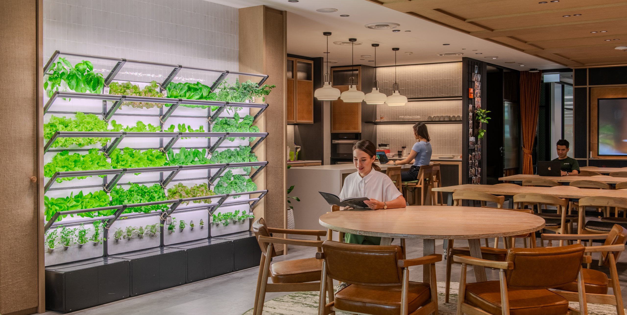 Staff enjoying the vertical green wall environment from Grobrix