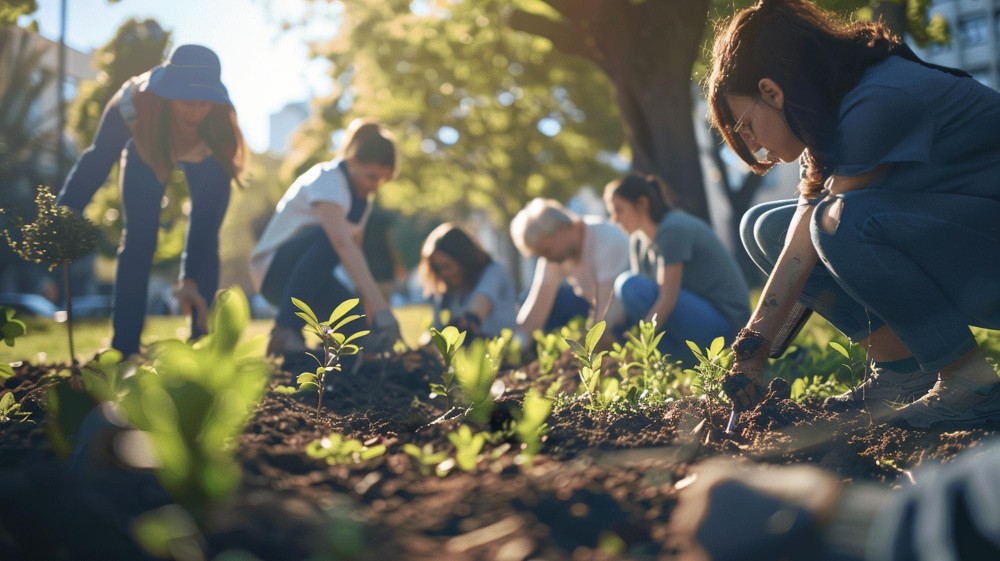 A group of people planting produce in among trees