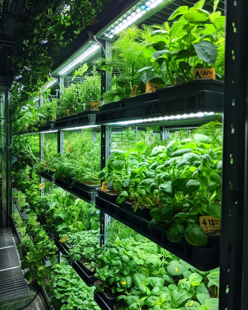 A row of plants grown on a vertical urban farming system