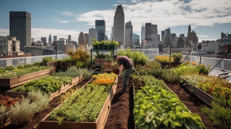 A man stands in a rooftop garden with a city skyline in the background