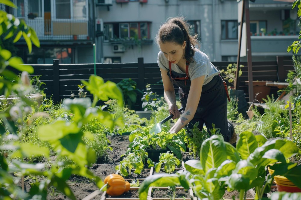 Woman tending to produce in an urban garden