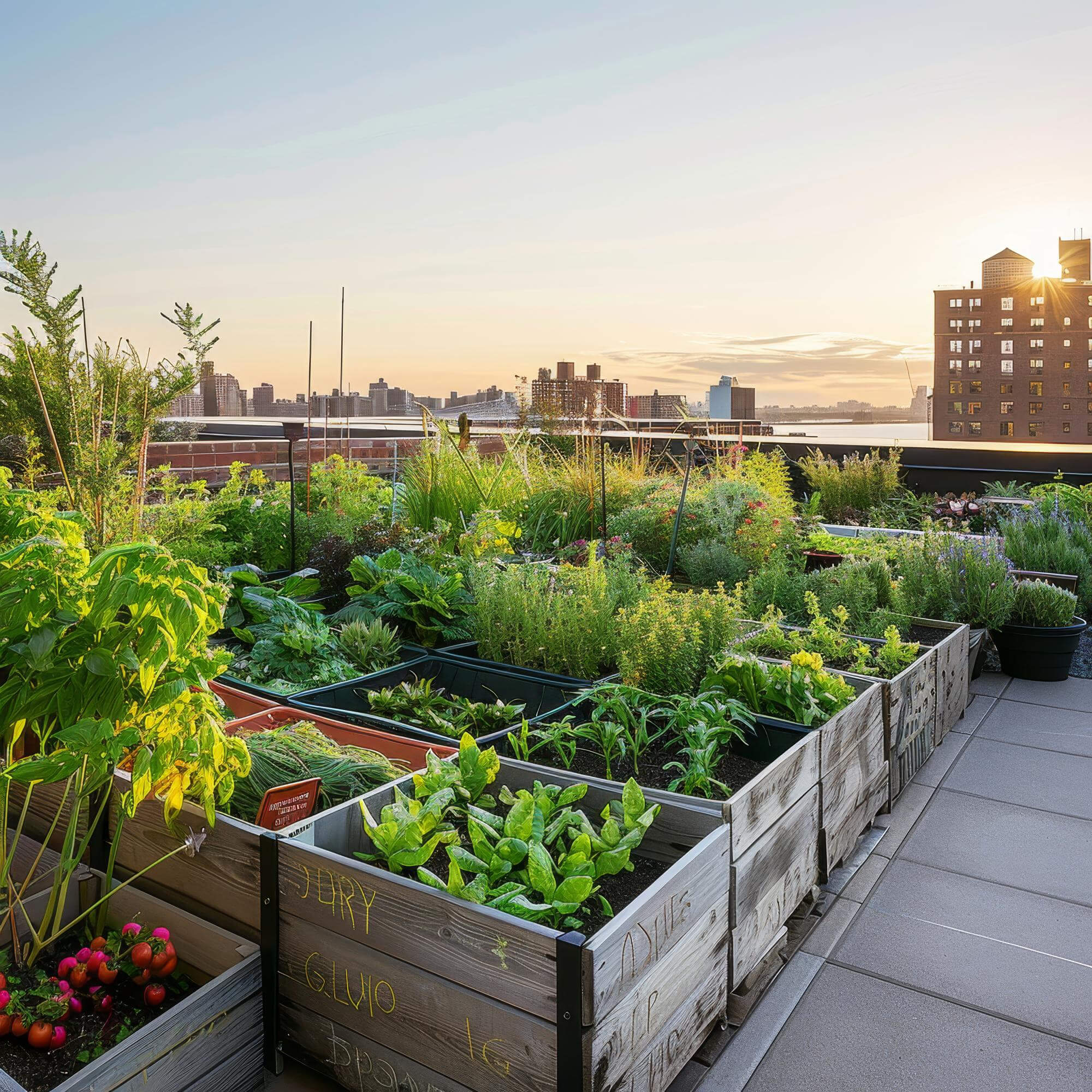 Rooftop Urban Farm showing a variety of sustainable vegetables growing