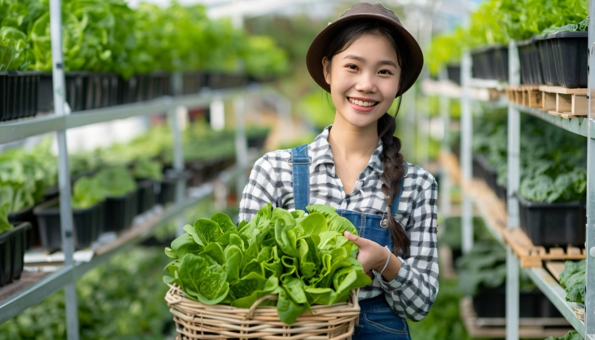 A smiling farmer who has harvested a basketful of healthy, green leaves from an urban farm