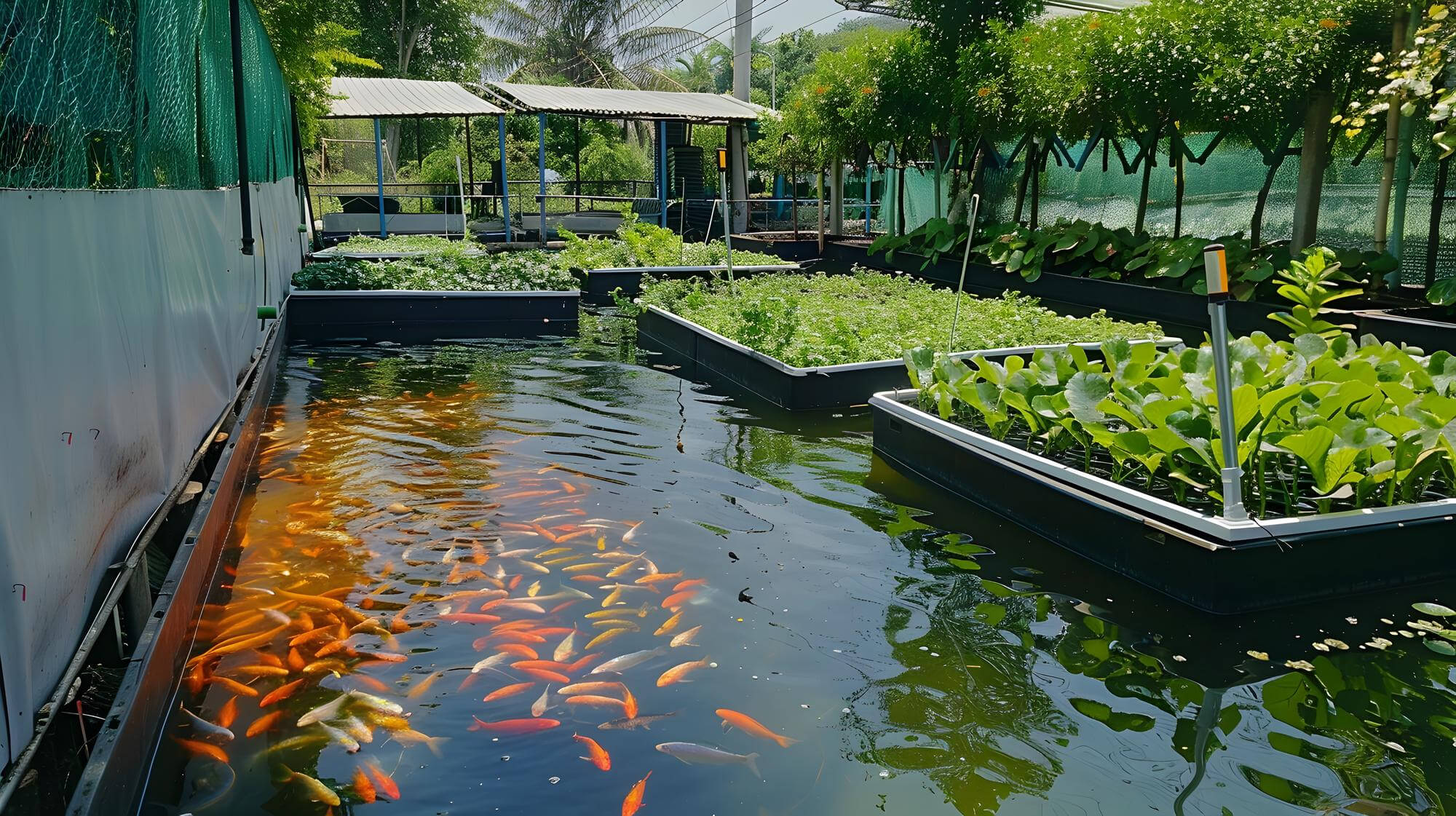 A fishpond surrounded by urban farming pots full of growing vegetables and lettuce leaves