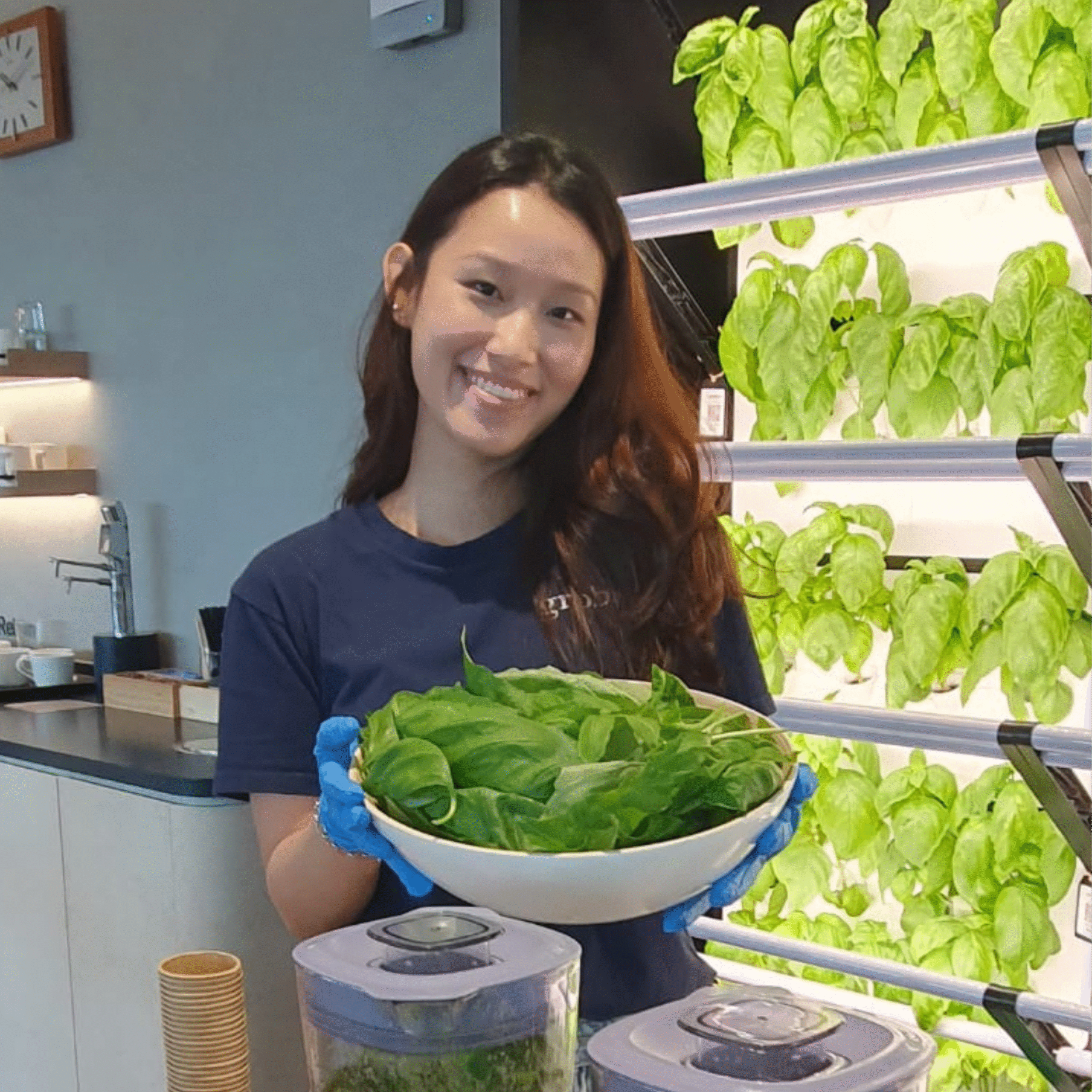 Smiling Grobrix team member in gloves holding a bowl of freshly harvested basil in front of a lit Grobrix hydroponic wall